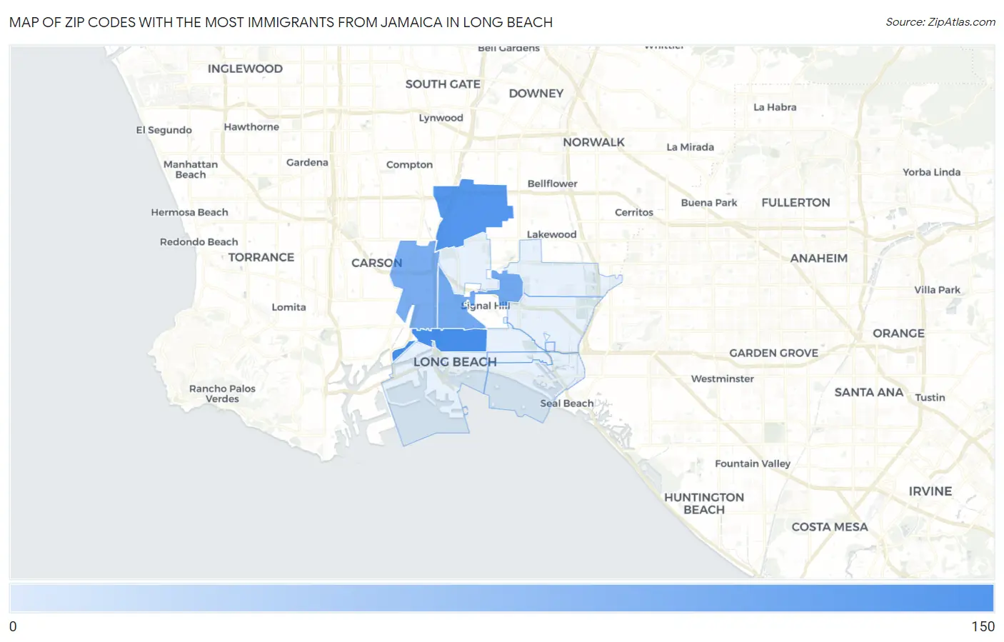 Zip Codes with the Most Immigrants from Jamaica in Long Beach Map