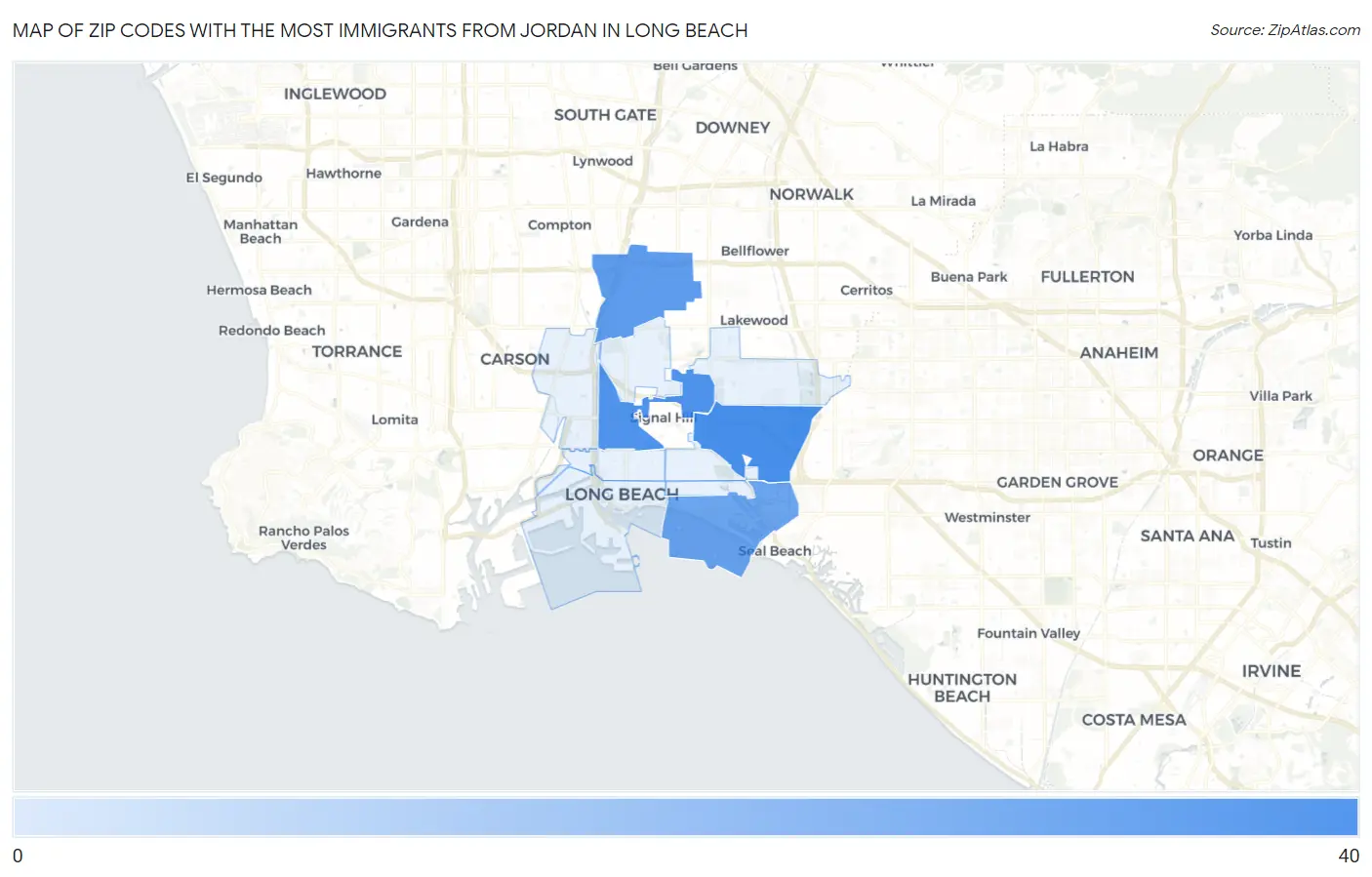 Zip Codes with the Most Immigrants from Jordan in Long Beach Map