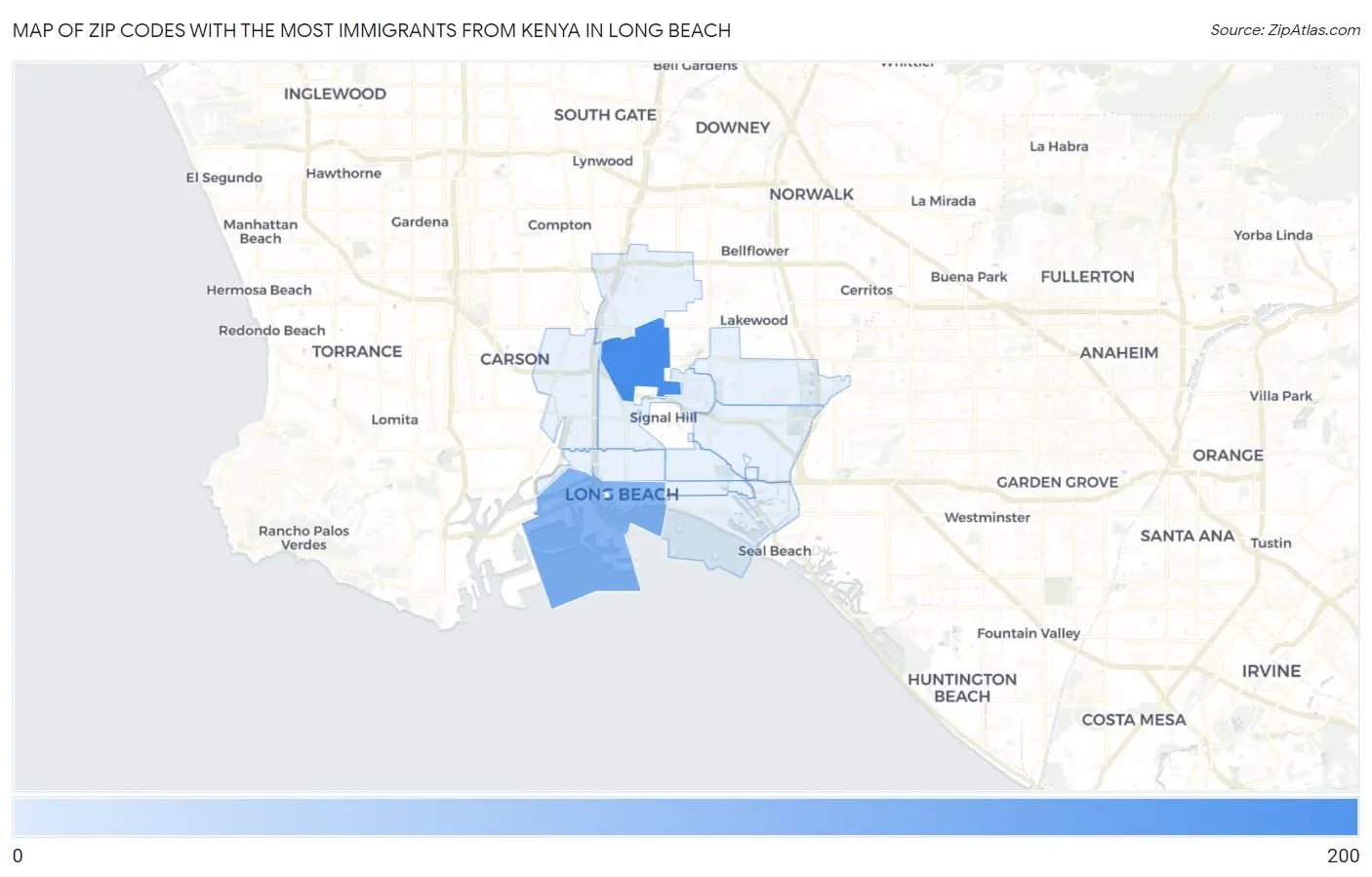 Zip Codes with the Most Immigrants from Kenya in Long Beach Map