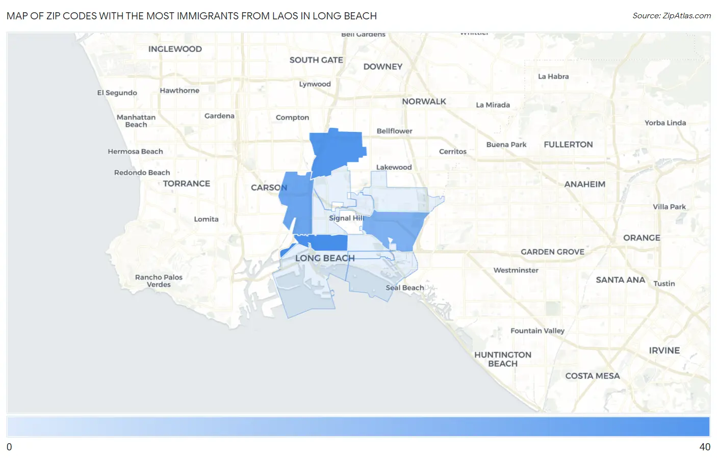 Zip Codes with the Most Immigrants from Laos in Long Beach Map