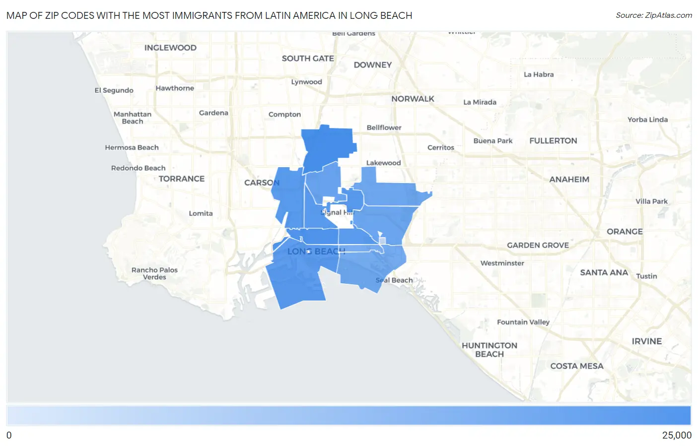 Zip Codes with the Most Immigrants from Latin America in Long Beach Map