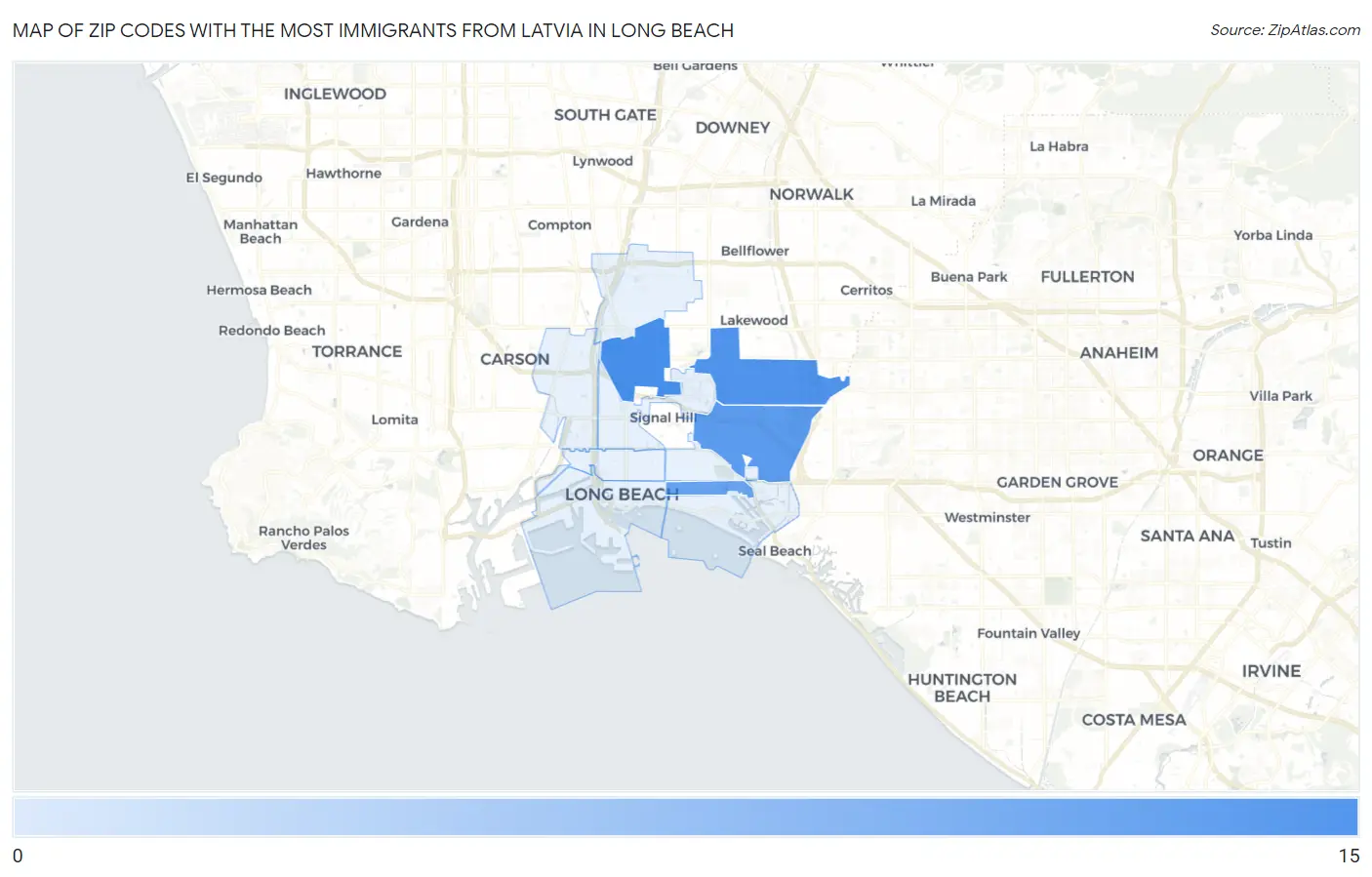 Zip Codes with the Most Immigrants from Latvia in Long Beach Map