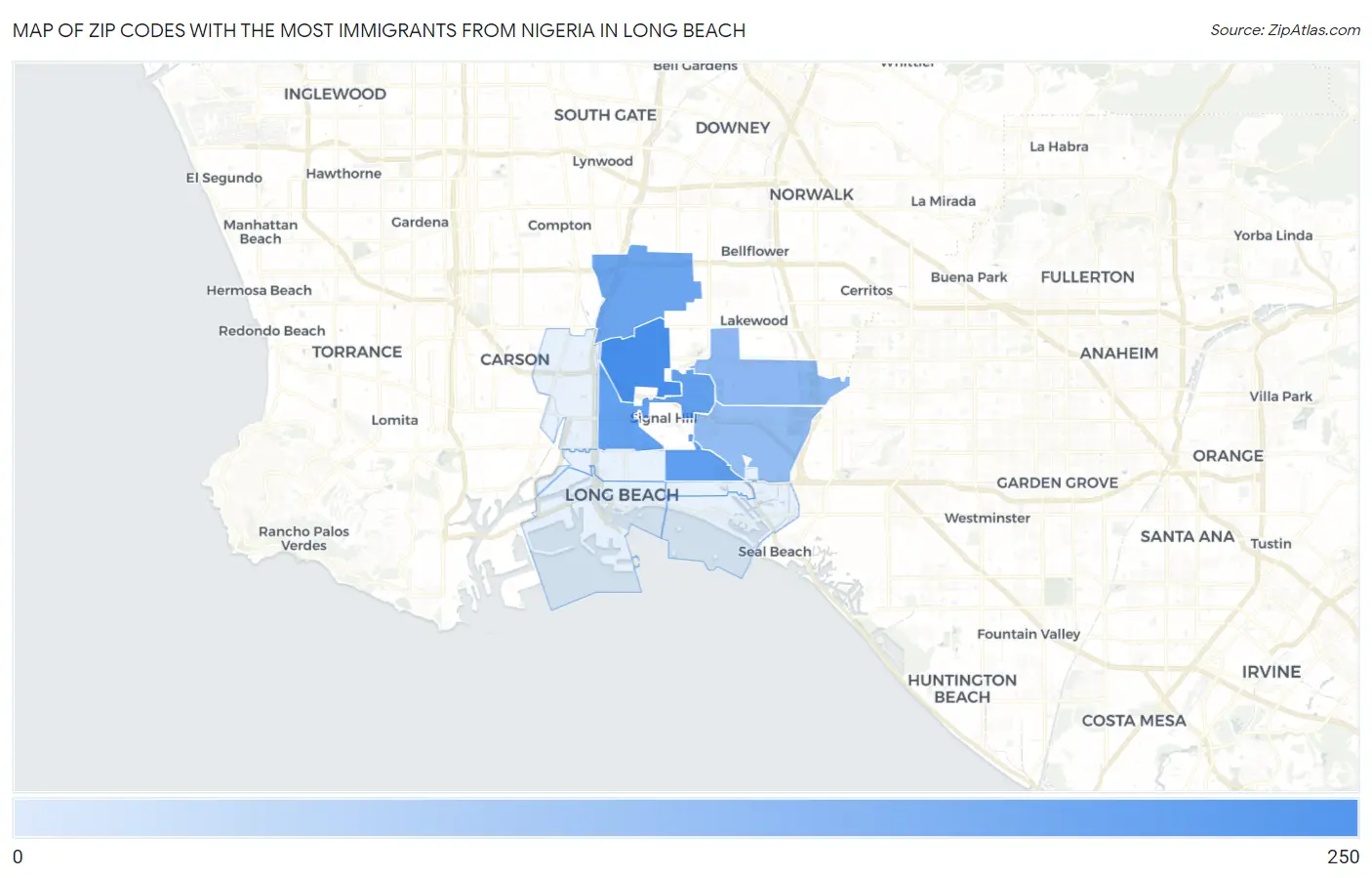 Zip Codes with the Most Immigrants from Nigeria in Long Beach Map