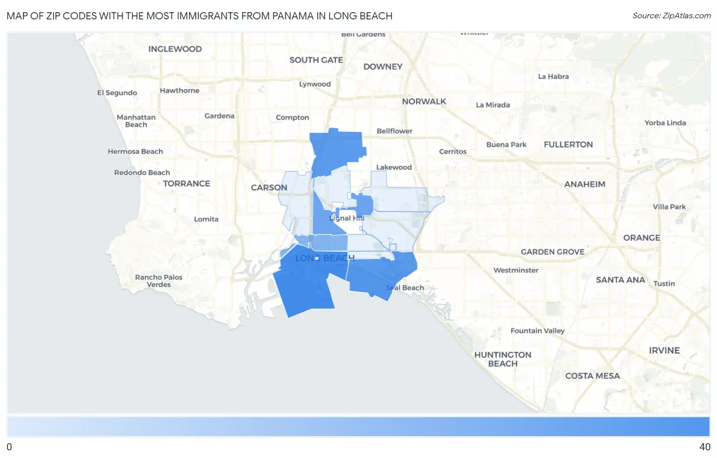 Zip Codes with the Most Immigrants from Panama in Long Beach Map