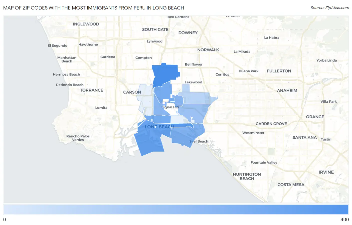 Zip Codes with the Most Immigrants from Peru in Long Beach Map