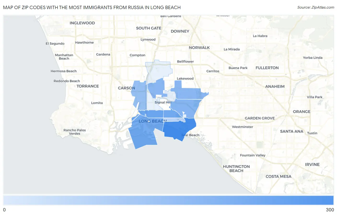 Zip Codes with the Most Immigrants from Russia in Long Beach Map