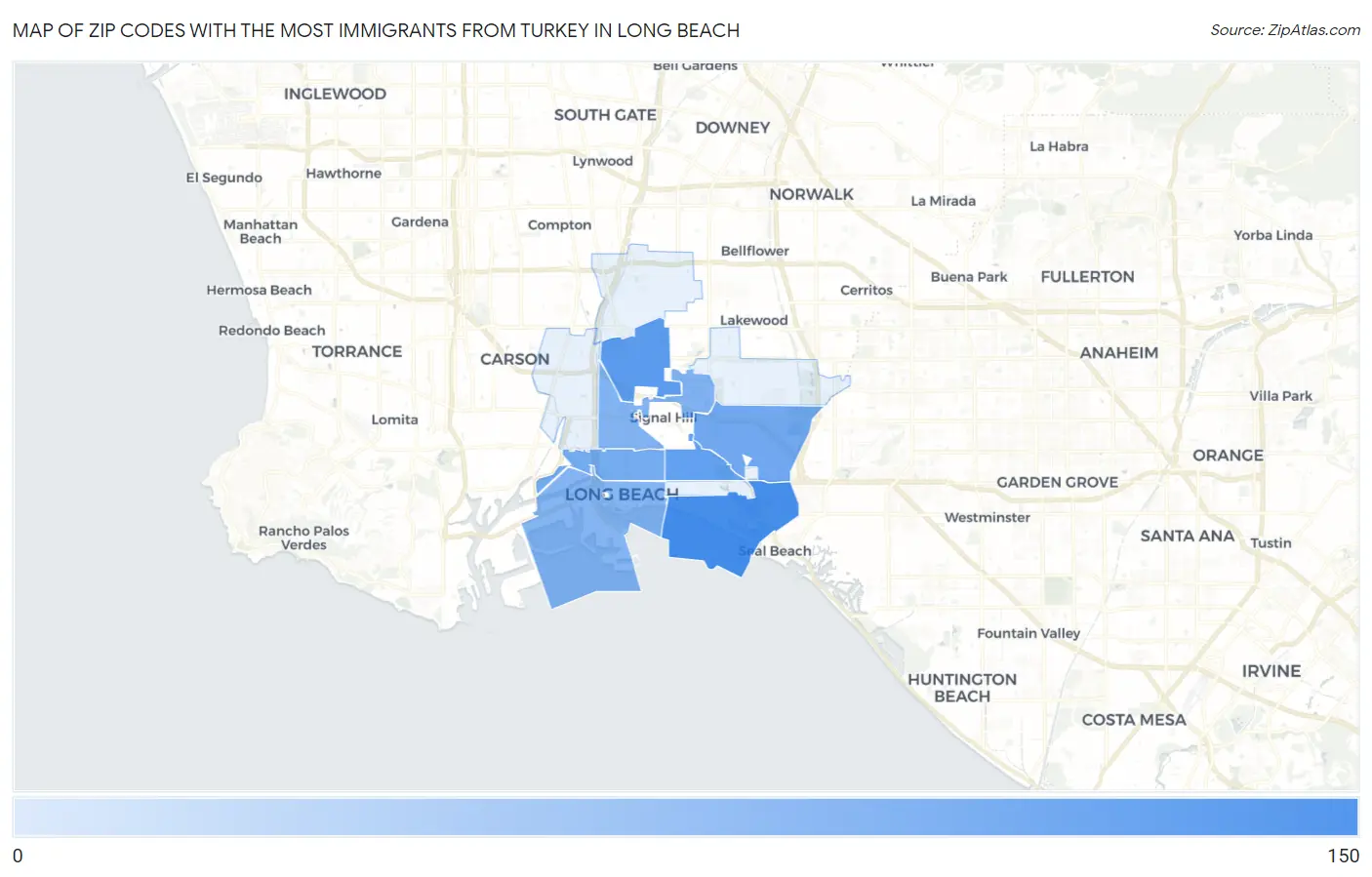 Zip Codes with the Most Immigrants from Turkey in Long Beach Map