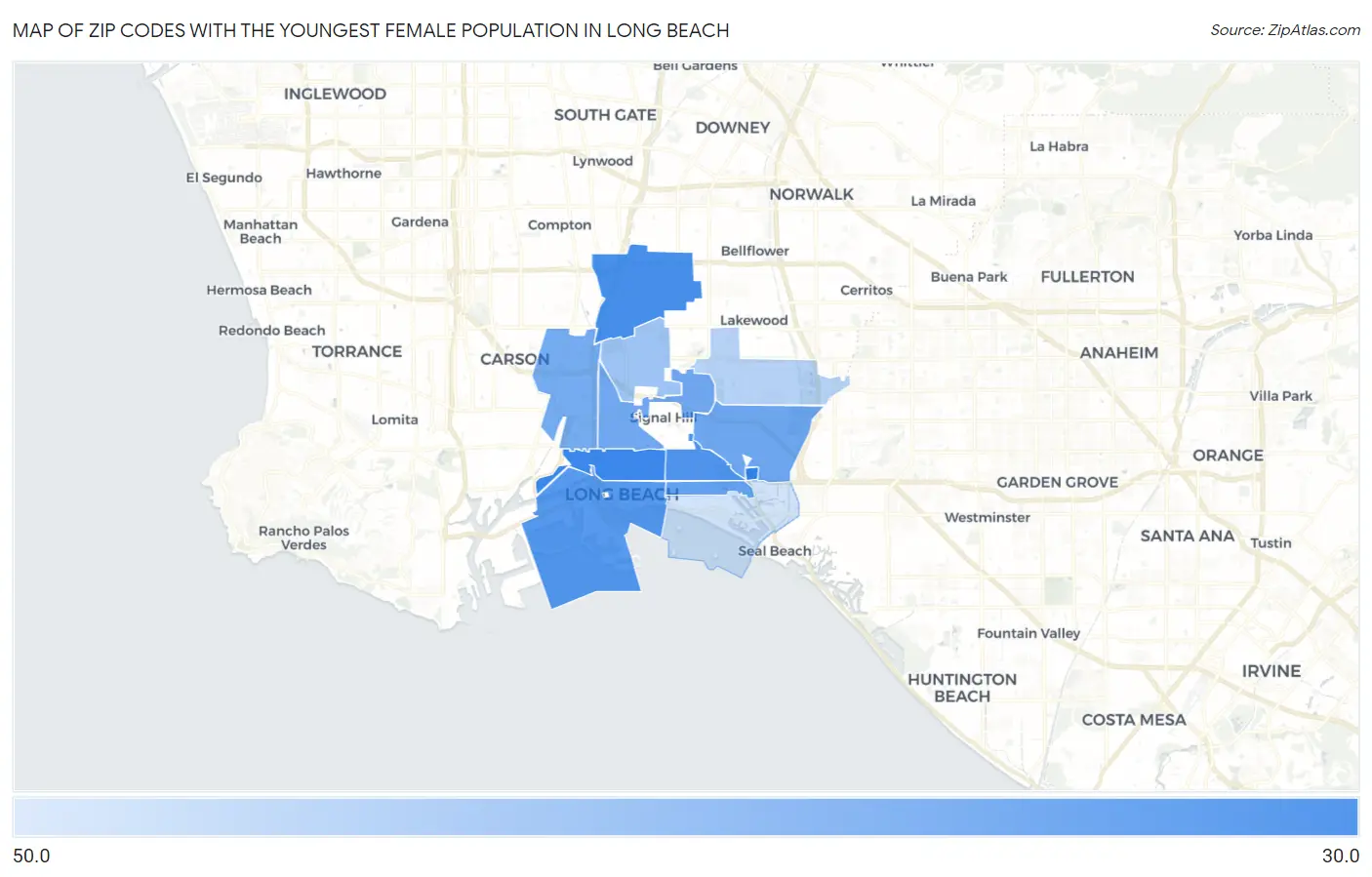 Zip Codes with the Youngest Female Population in Long Beach Map