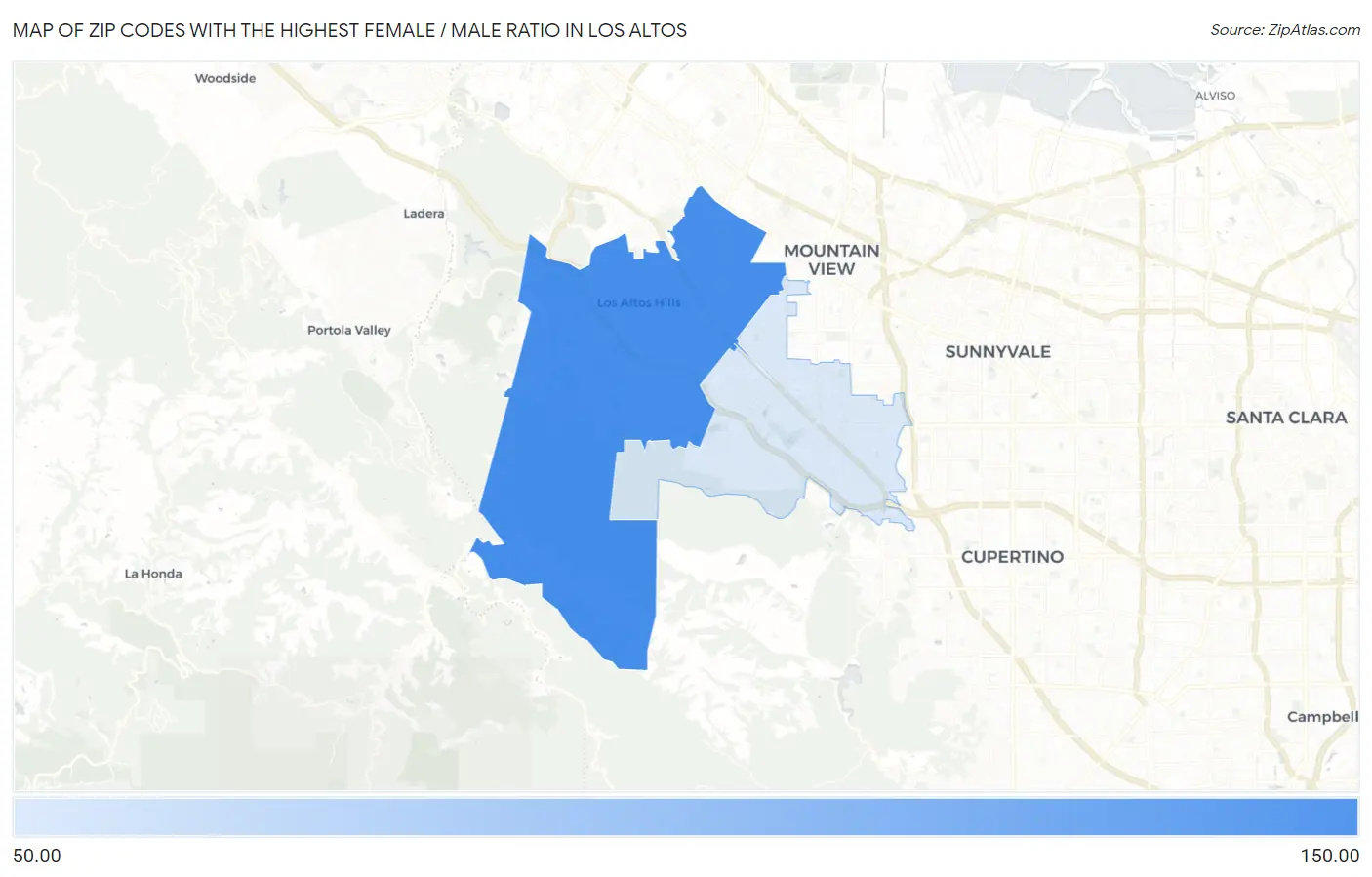 Zip Codes with the Highest Female / Male Ratio in Los Altos Map