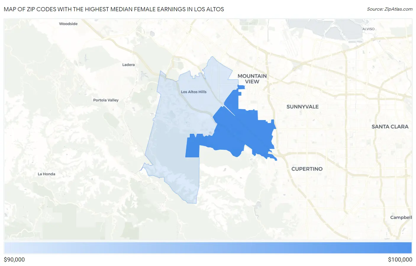 Zip Codes with the Highest Median Female Earnings in Los Altos Map