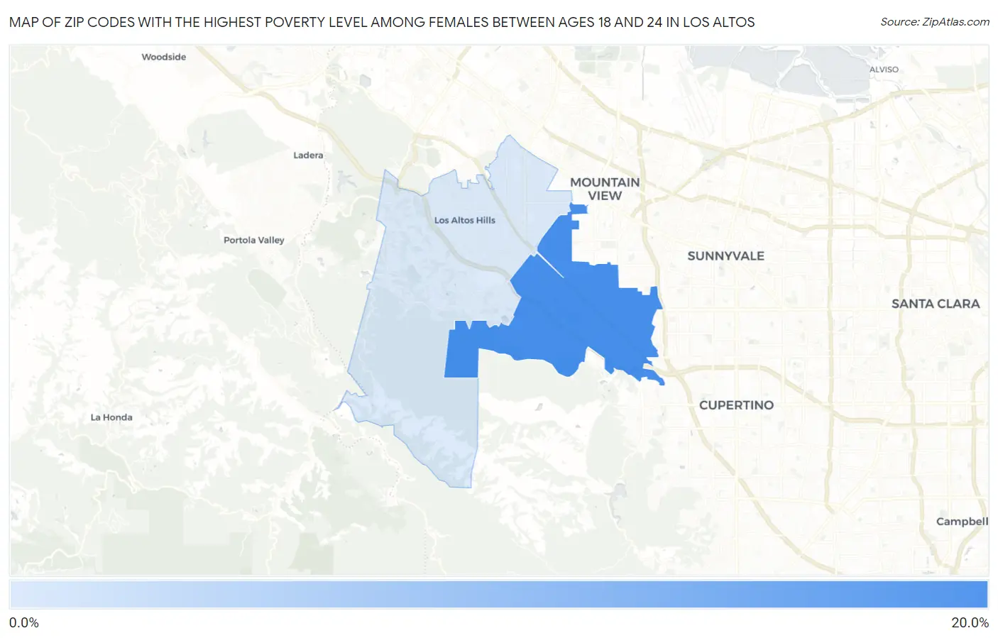 Zip Codes with the Highest Poverty Level Among Females Between Ages 18 and 24 in Los Altos Map
