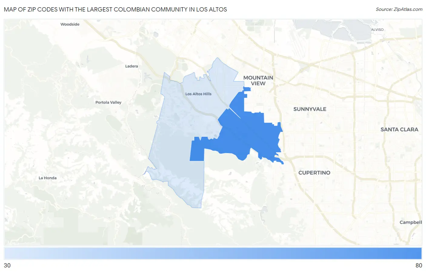Zip Codes with the Largest Colombian Community in Los Altos Map