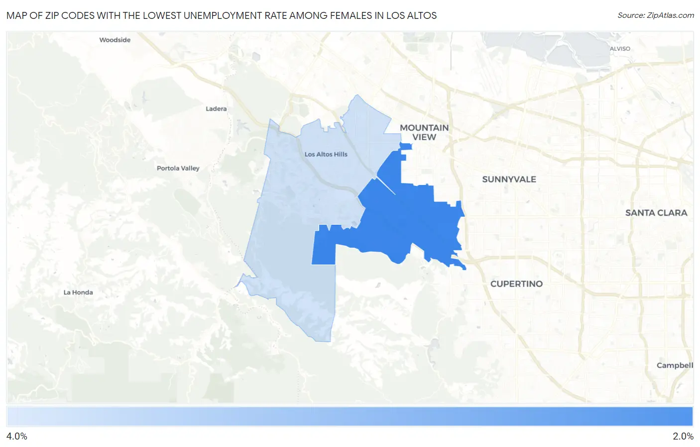 Zip Codes with the Lowest Unemployment Rate Among Females in Los Altos Map