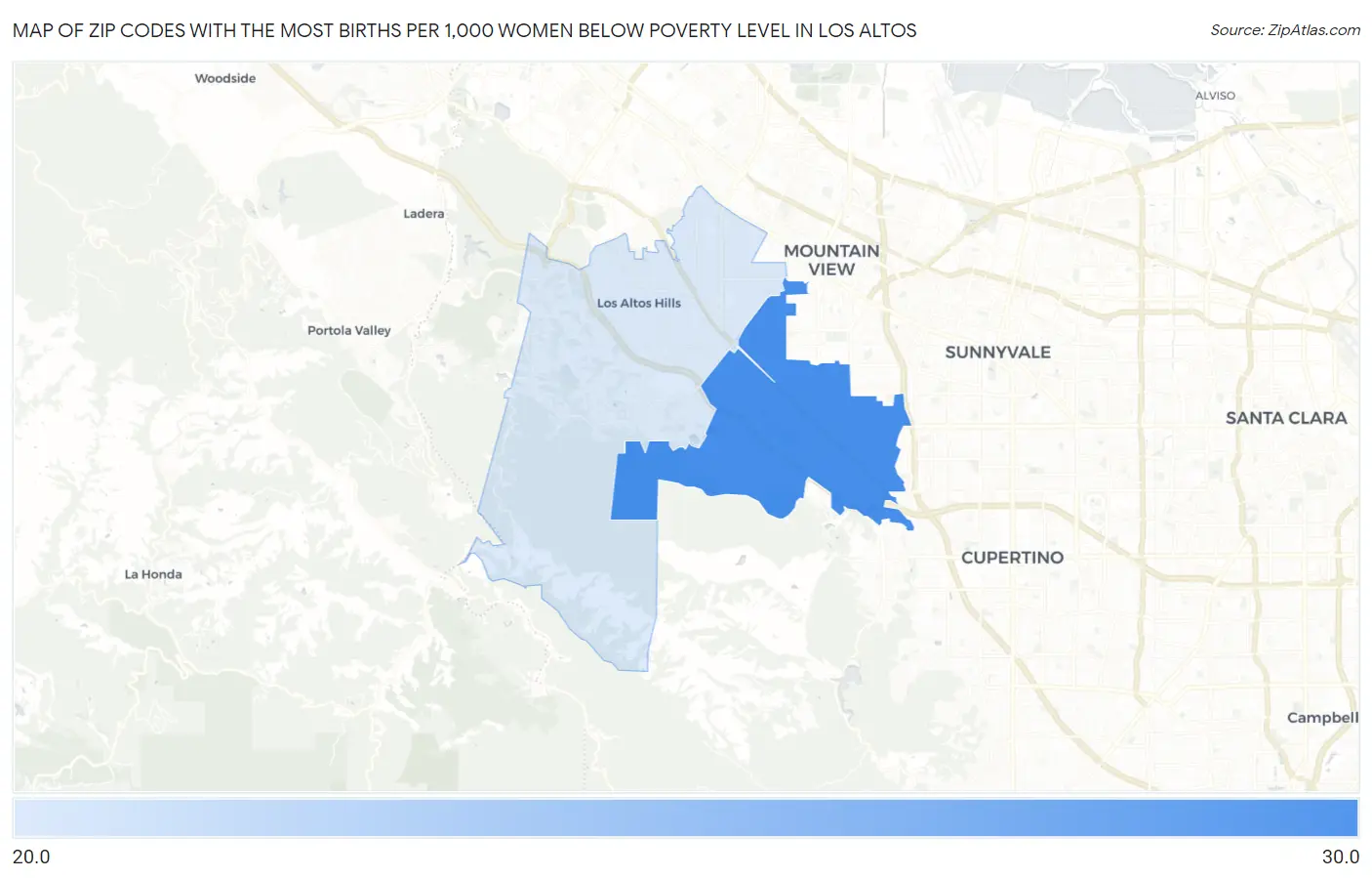 Zip Codes with the Most Births per 1,000 Women Below Poverty Level in Los Altos Map