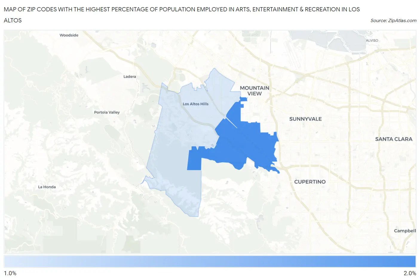 Zip Codes with the Highest Percentage of Population Employed in Arts, Entertainment & Recreation in Los Altos Map