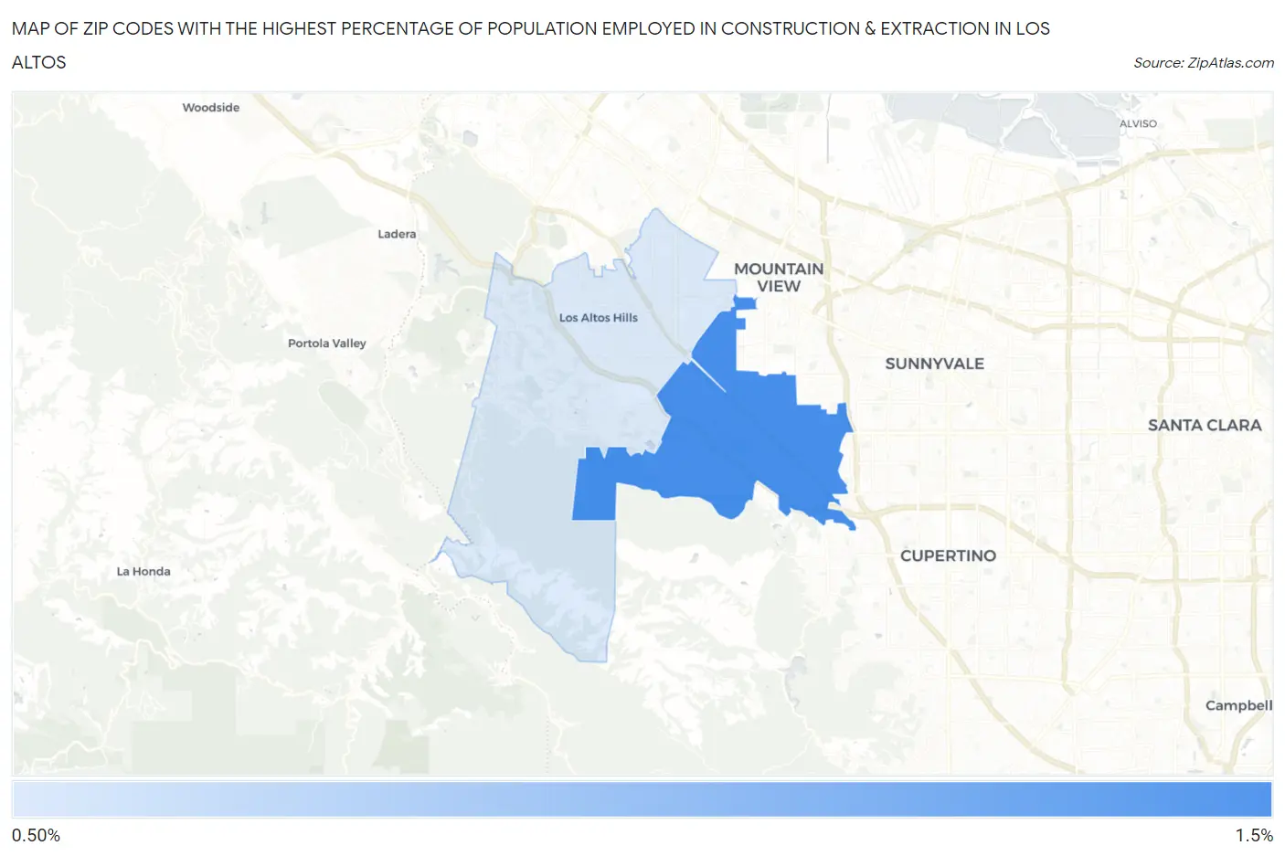 Zip Codes with the Highest Percentage of Population Employed in Construction & Extraction in Los Altos Map