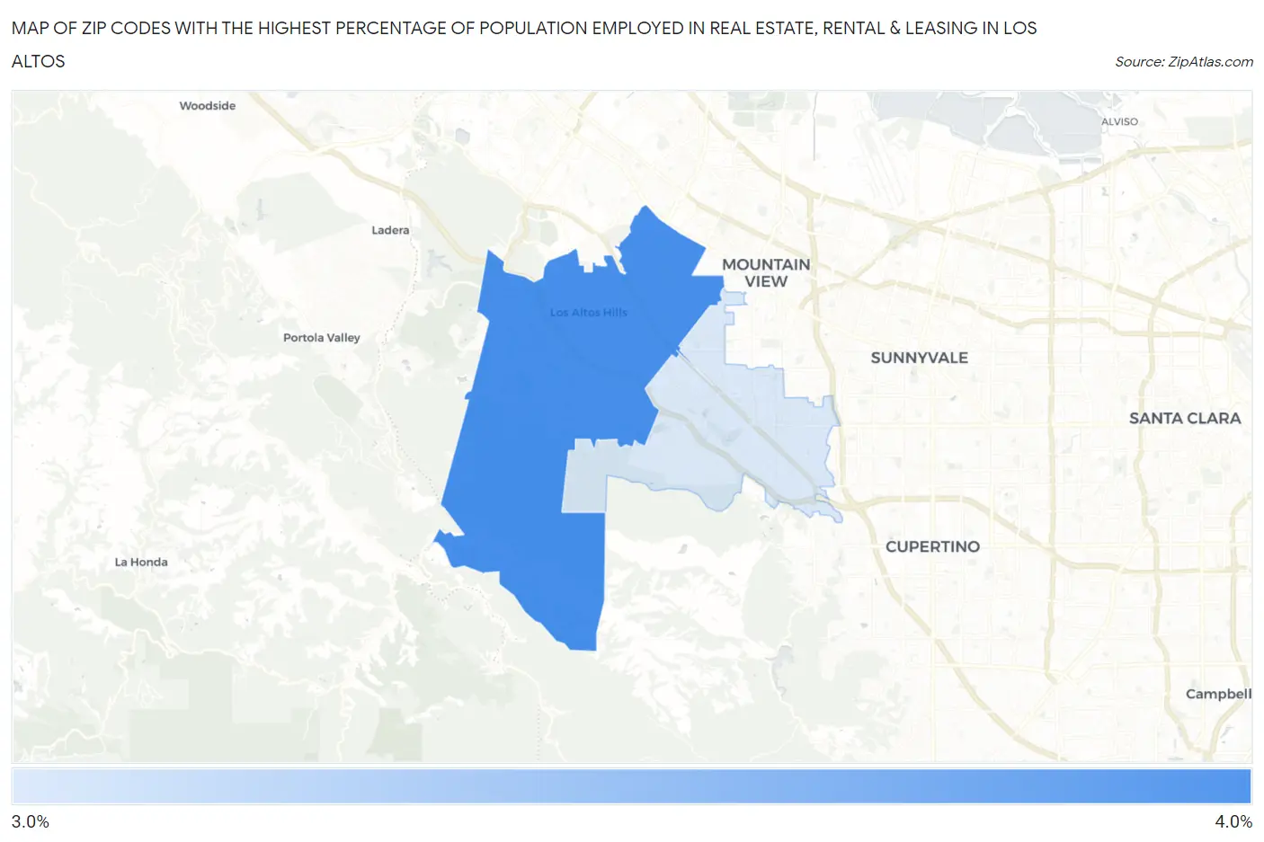 Zip Codes with the Highest Percentage of Population Employed in Real Estate, Rental & Leasing in Los Altos Map