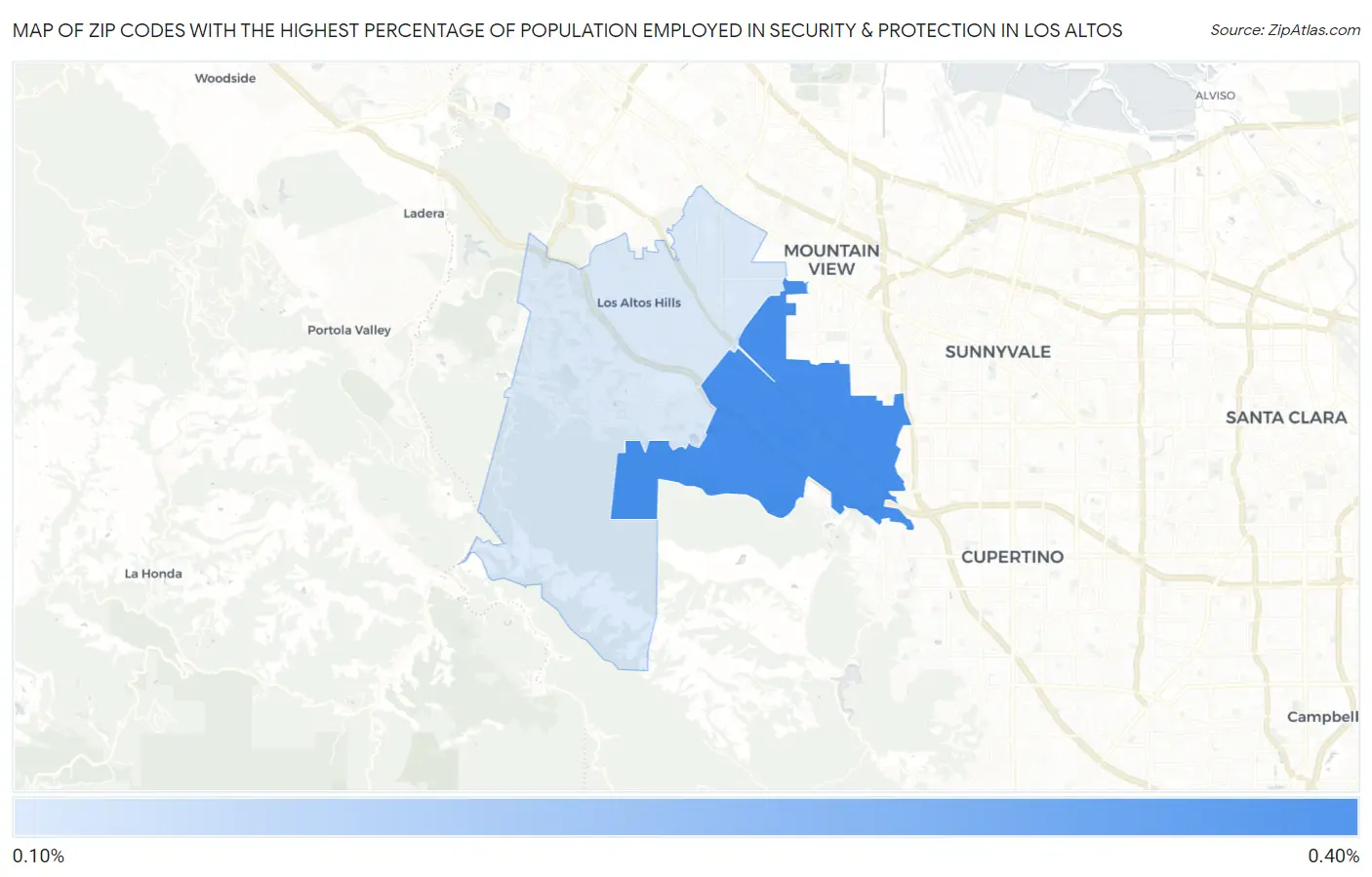 Zip Codes with the Highest Percentage of Population Employed in Security & Protection in Los Altos Map