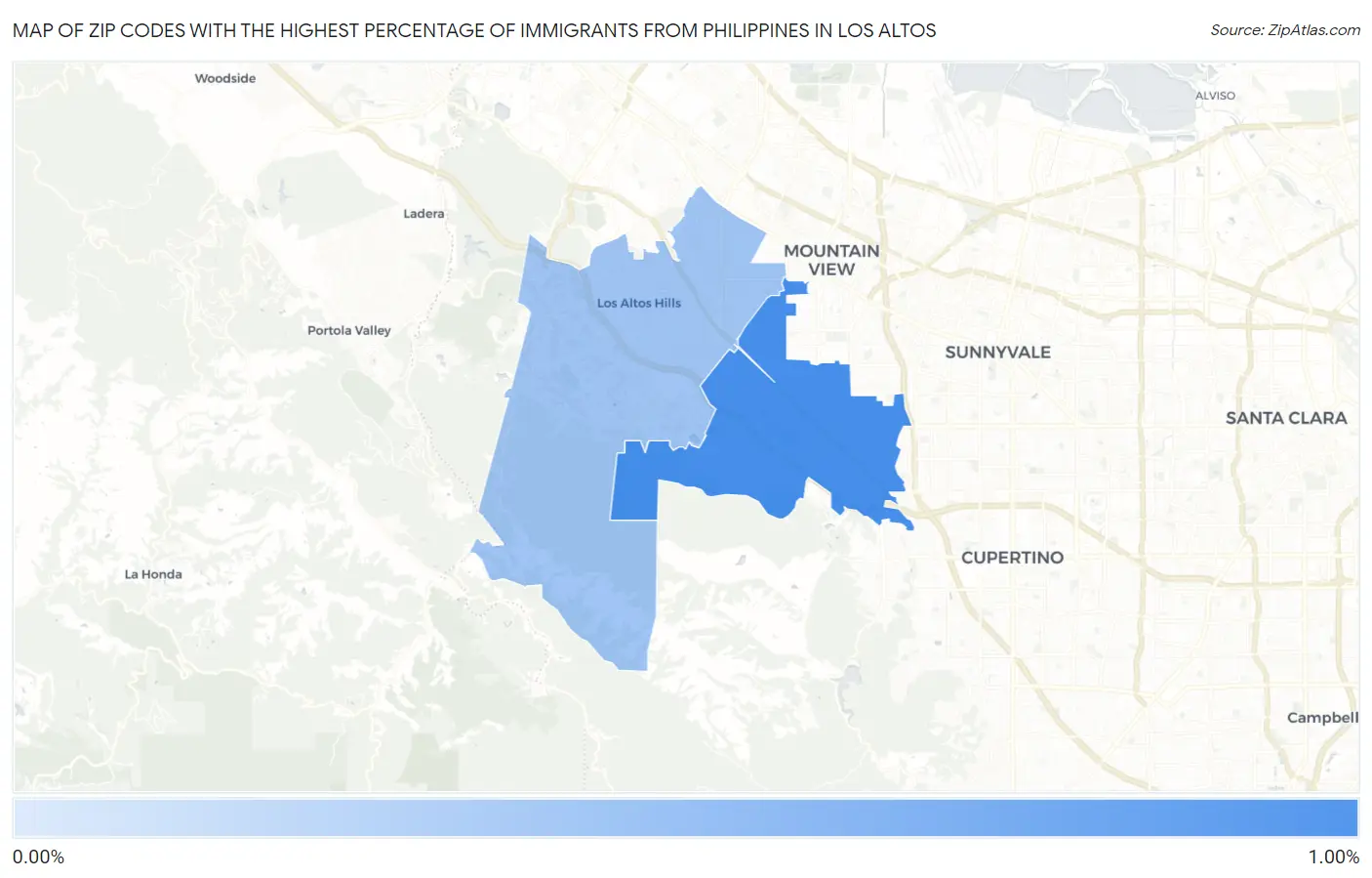 Zip Codes with the Highest Percentage of Immigrants from Philippines in Los Altos Map