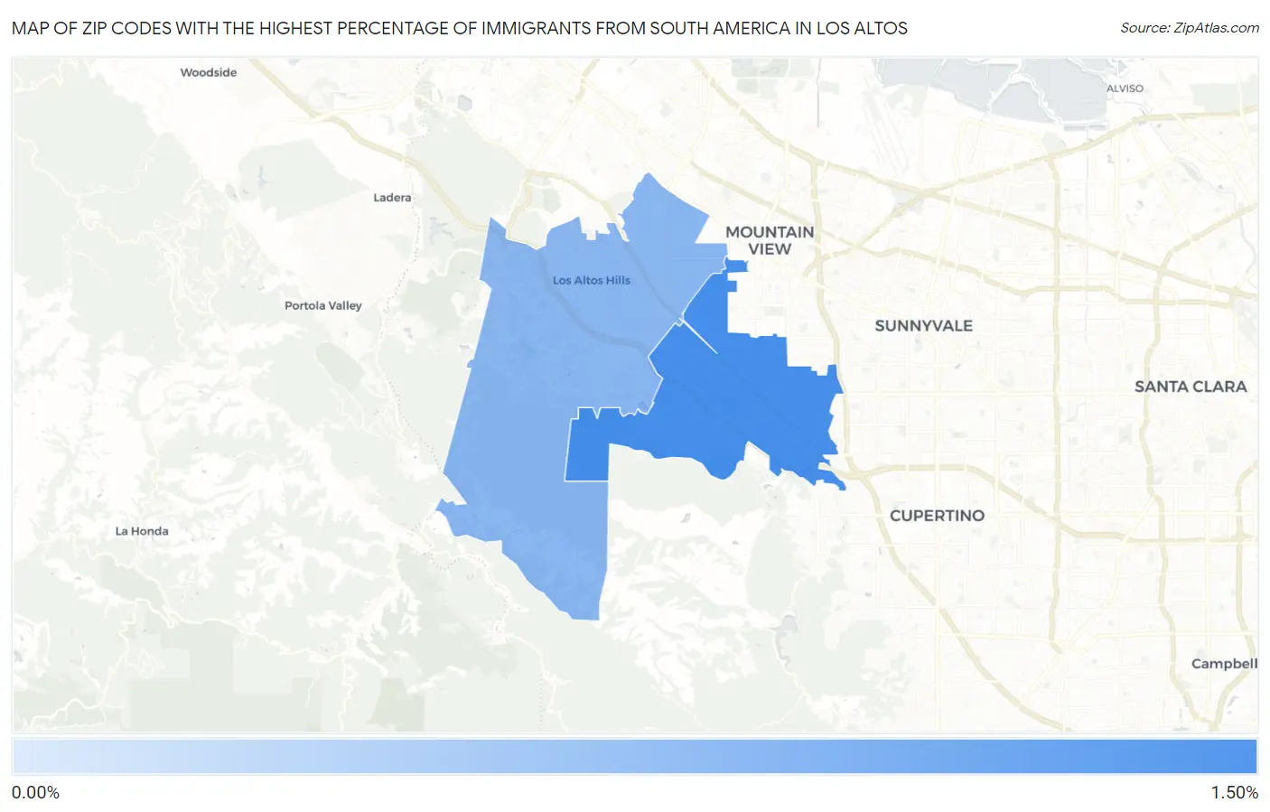 Zip Codes with the Highest Percentage of Immigrants from South America in Los Altos Map