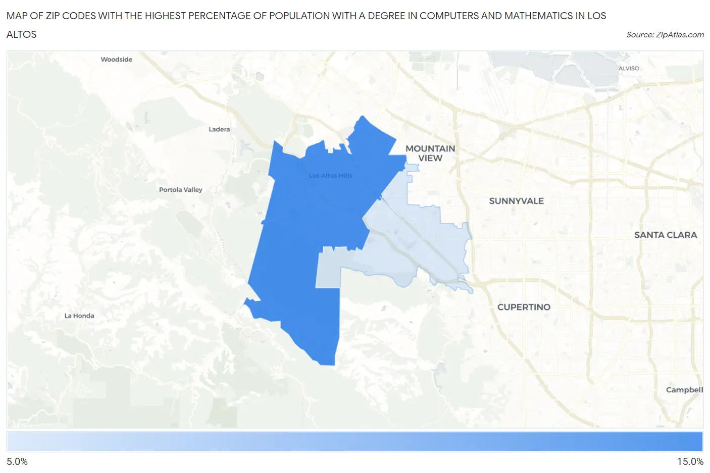 Zip Codes with the Highest Percentage of Population with a Degree in Computers and Mathematics in Los Altos Map