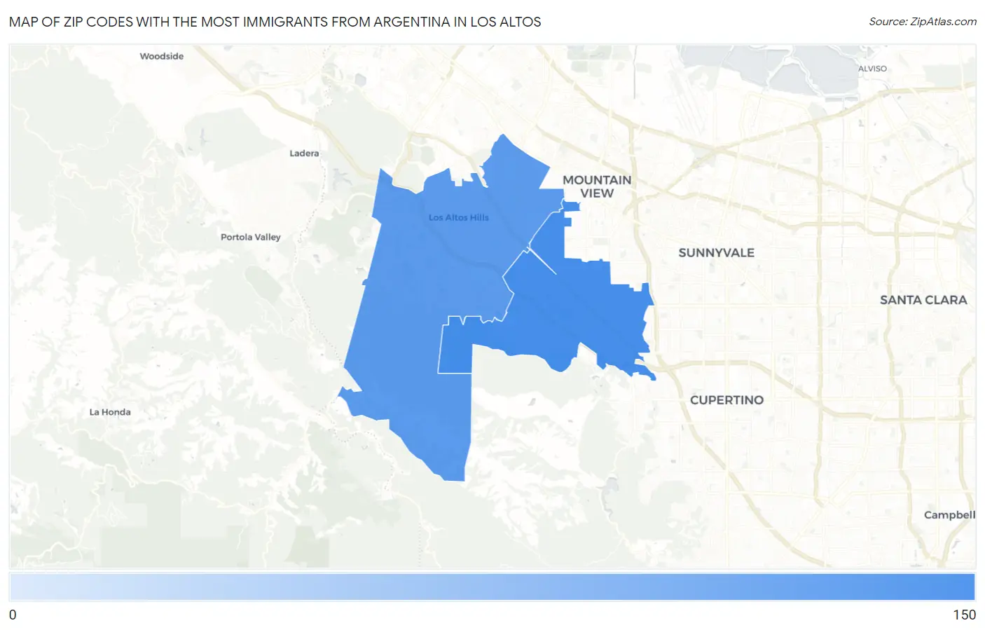 Zip Codes with the Most Immigrants from Argentina in Los Altos Map
