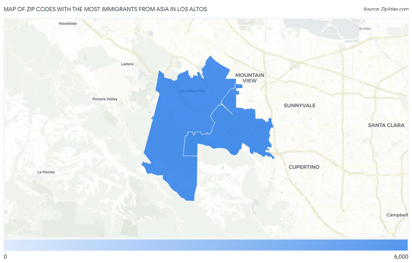 Zip Codes with the Most Immigrants from Asia in Los Altos Map