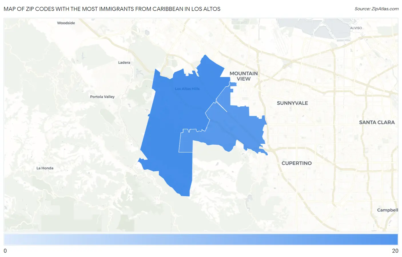 Zip Codes with the Most Immigrants from Caribbean in Los Altos Map
