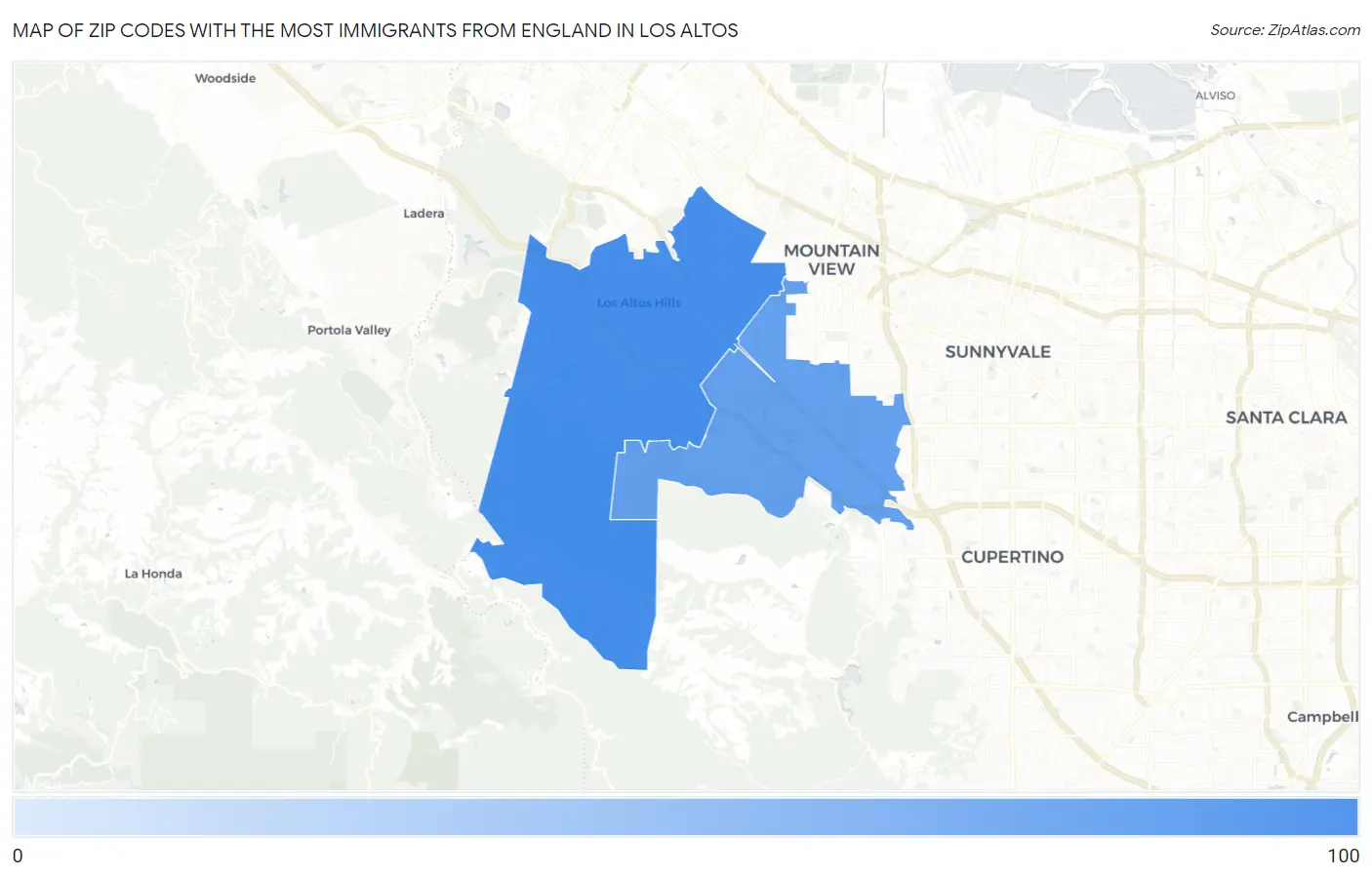 Zip Codes with the Most Immigrants from England in Los Altos Map