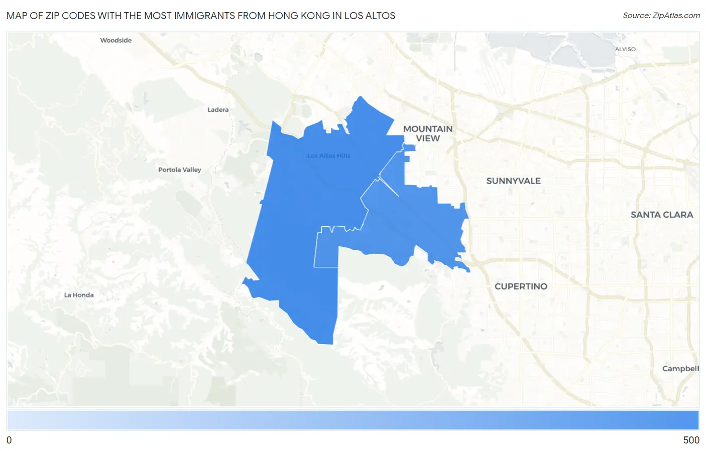 Zip Codes with the Most Immigrants from Hong Kong in Los Altos Map