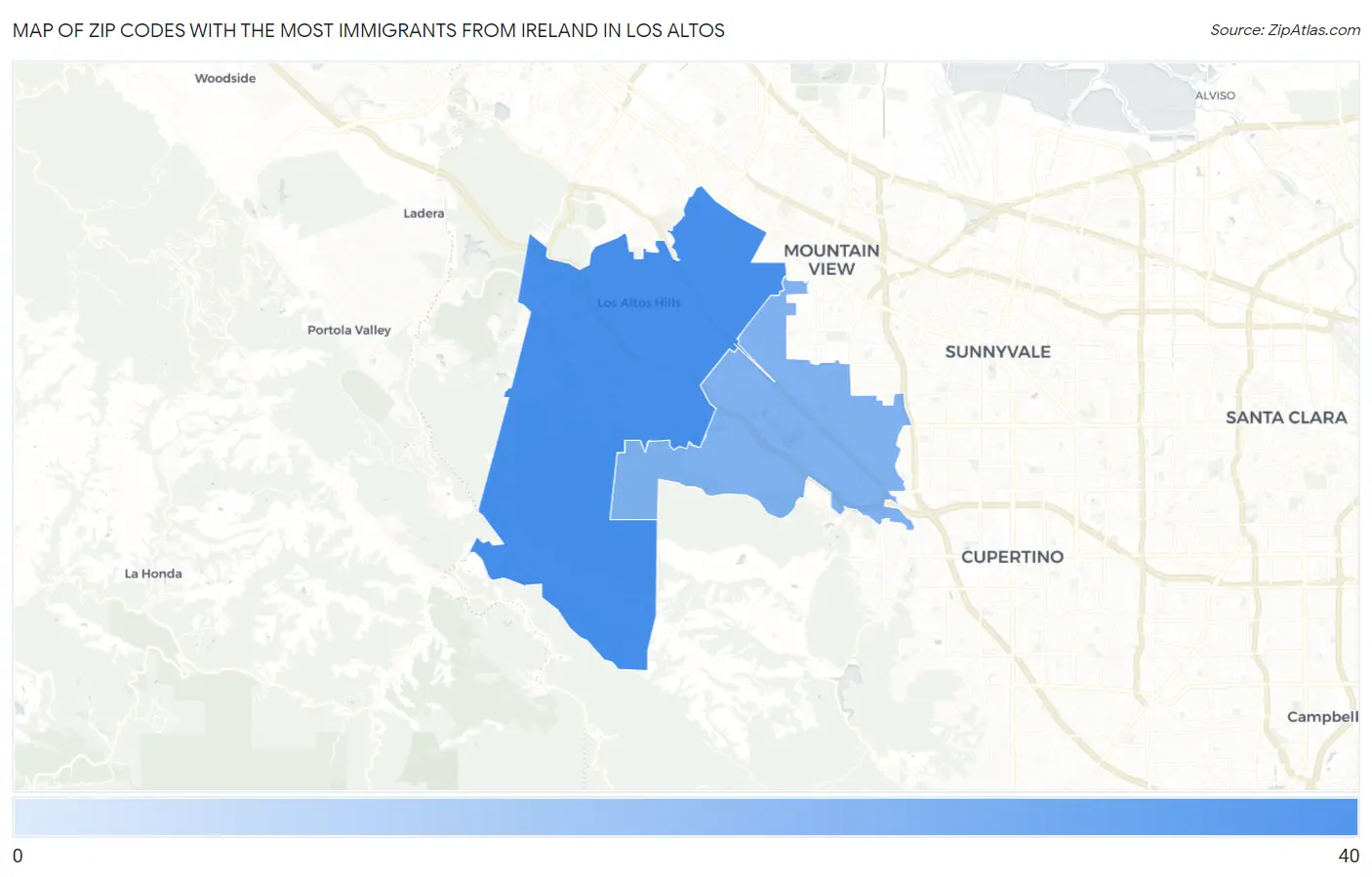 Zip Codes with the Most Immigrants from Ireland in Los Altos Map