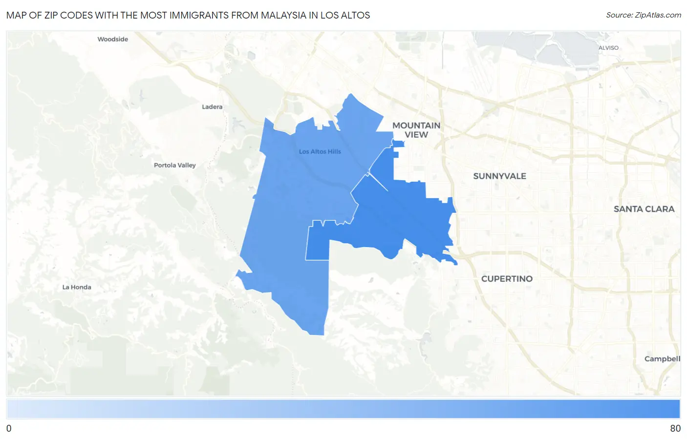 Zip Codes with the Most Immigrants from Malaysia in Los Altos Map