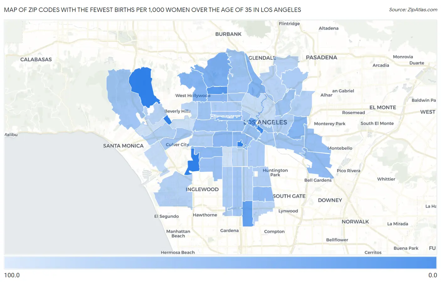 Zip Codes with the Fewest Births per 1,000 Women Over the Age of 35 in Los Angeles Map