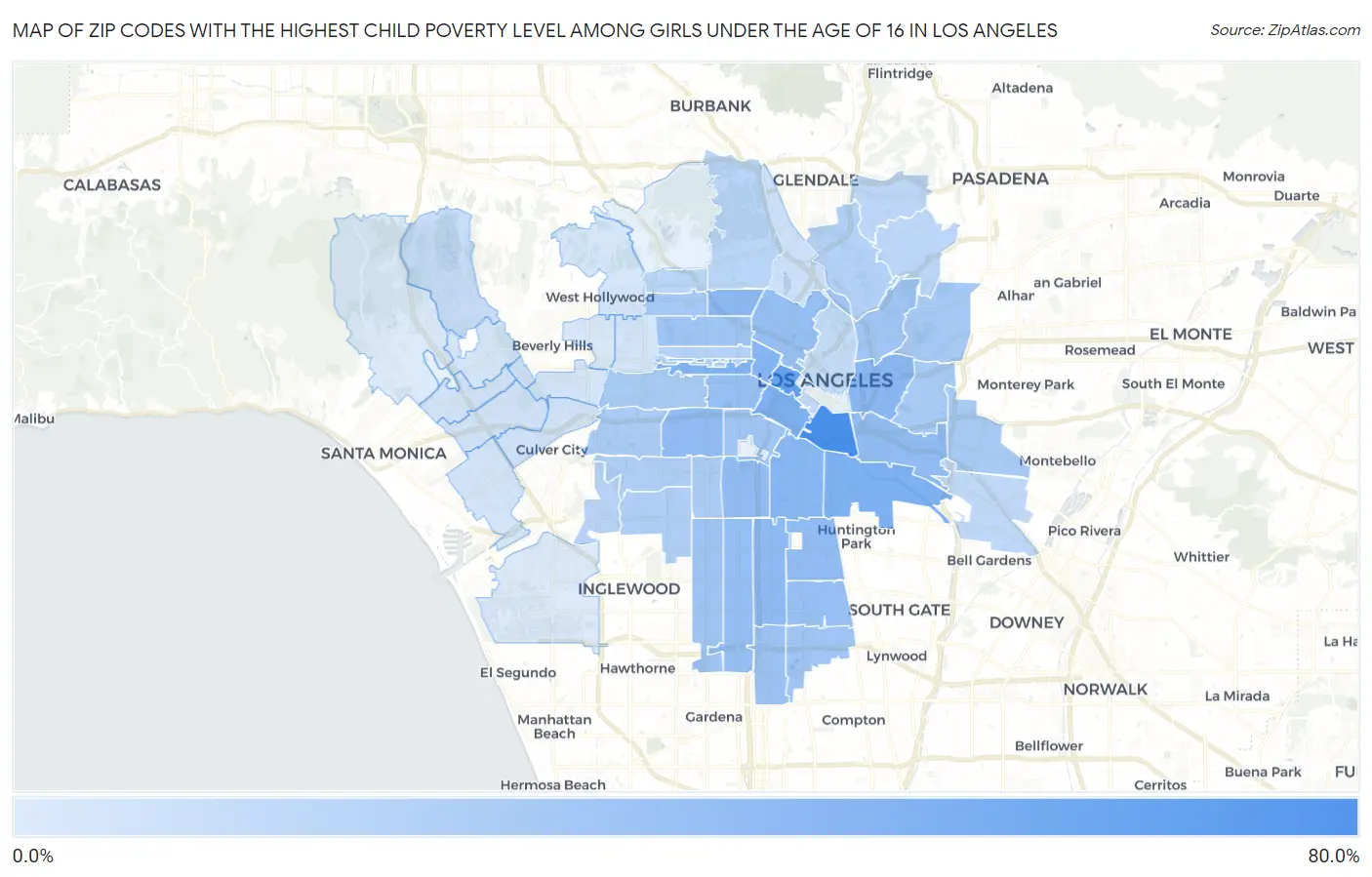 Zip Codes with the Highest Child Poverty Level Among Girls Under the Age of 16 in Los Angeles Map