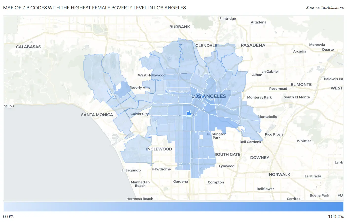Zip Codes with the Highest Female Poverty Level in Los Angeles Map