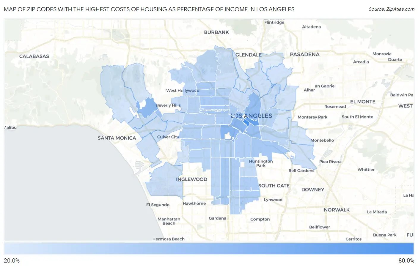 Zip Codes with the Highest Costs of Housing as Percentage of Income in Los Angeles Map
