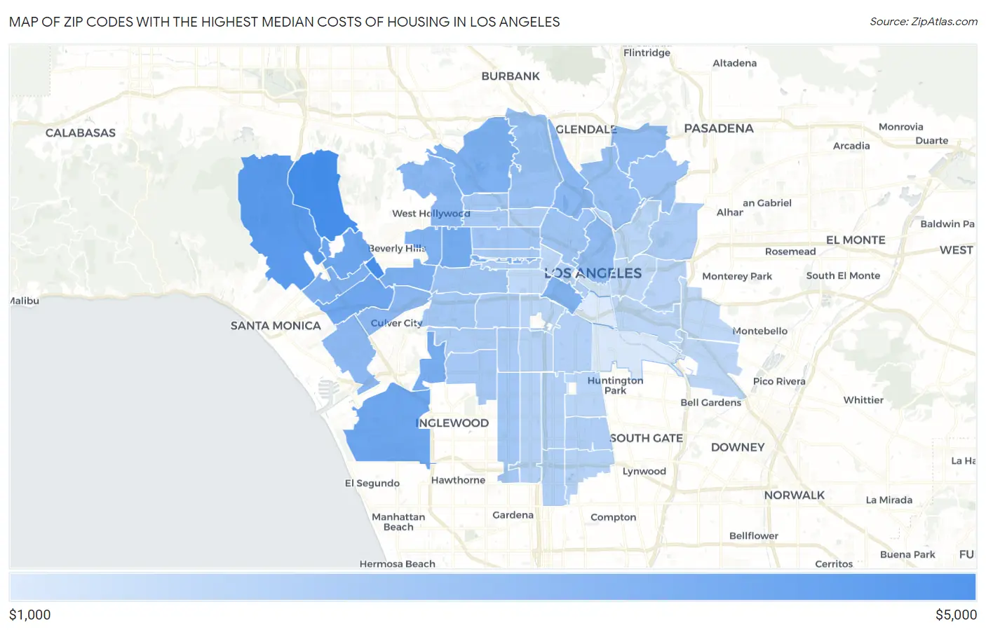 Zip Codes with the Highest Median Costs of Housing in Los Angeles Map