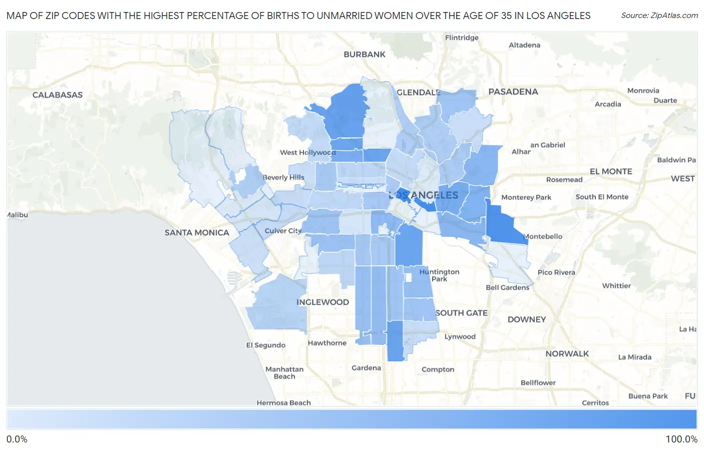 Zip Codes with the Highest Percentage of Births to Unmarried Women over the Age of 35 in Los Angeles Map