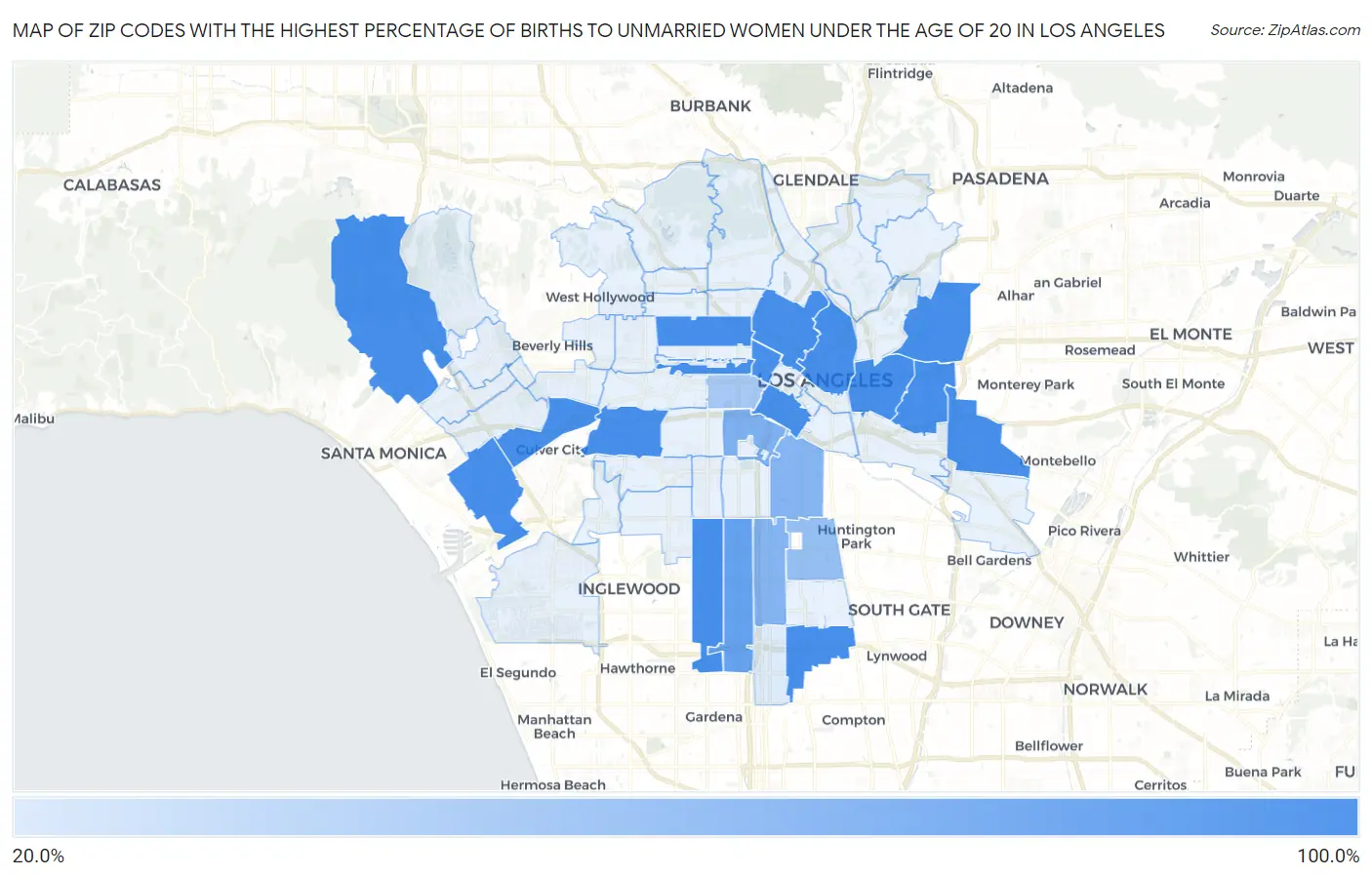 Zip Codes with the Highest Percentage of Births to Unmarried Women under the Age of 20 in Los Angeles Map