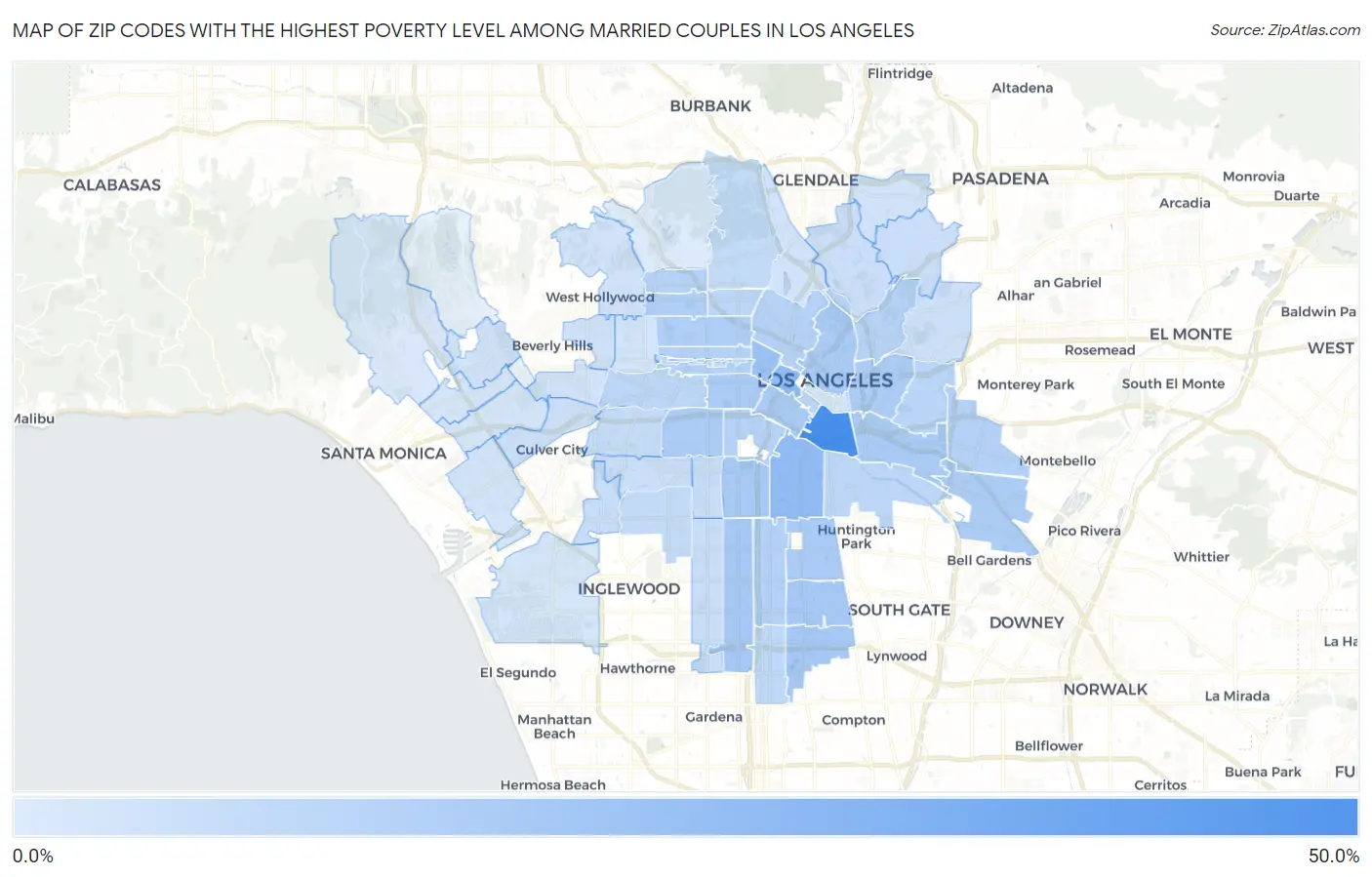 Zip Codes with the Highest Poverty Level Among Married Couples in Los Angeles Map