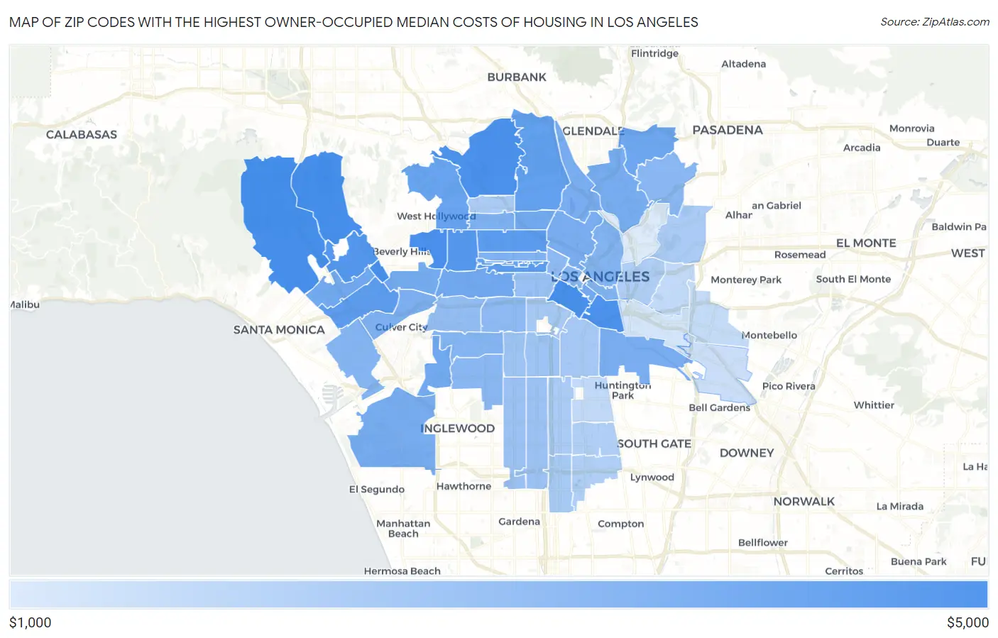 Zip Codes with the Highest Owner-Occupied Median Costs of Housing in Los Angeles Map