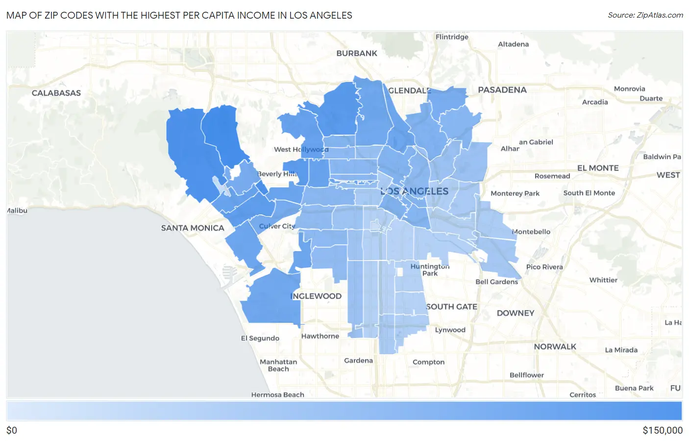 Zip Codes with the Highest Per Capita Income in Los Angeles Map