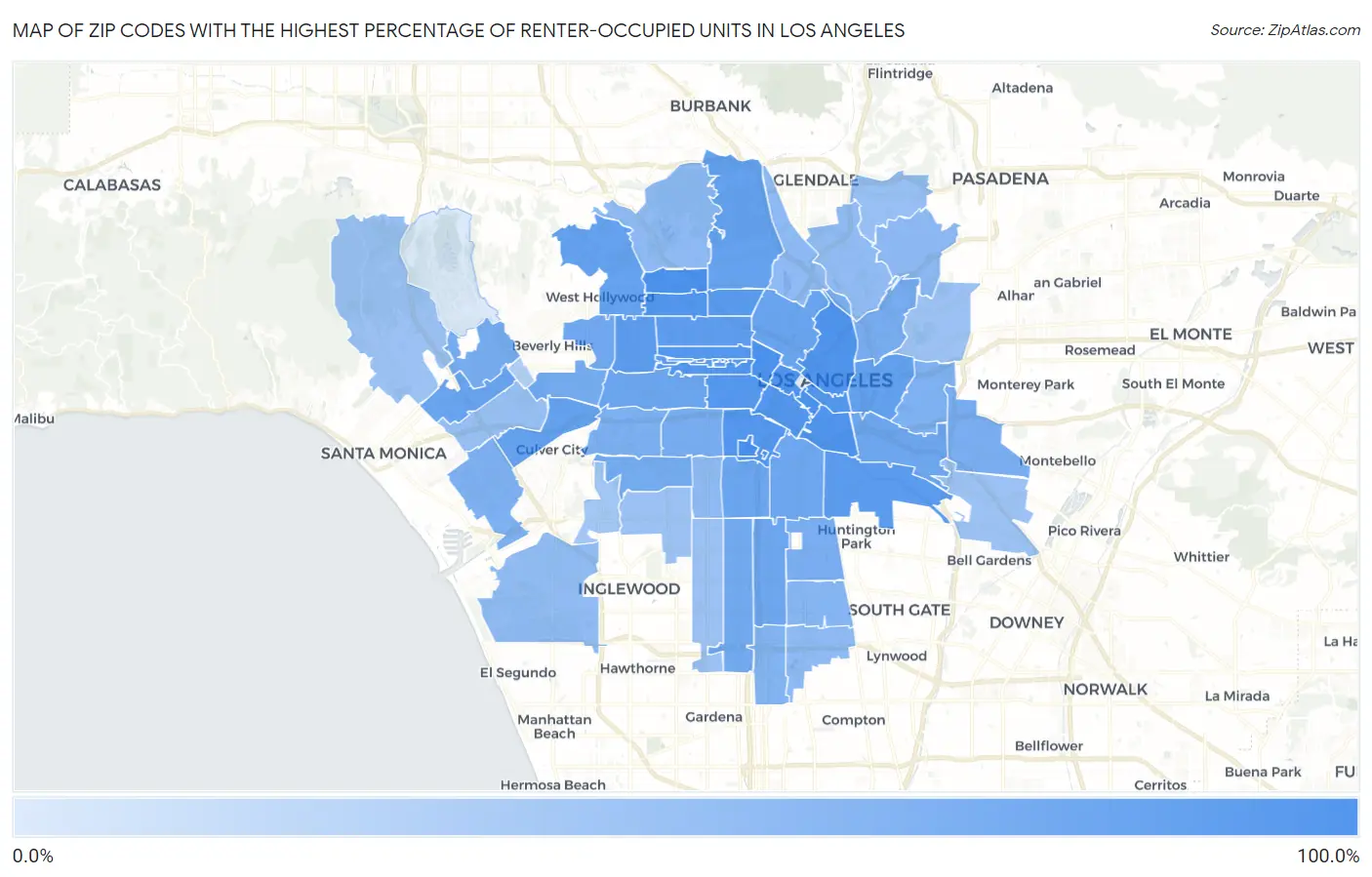 Zip Codes with the Highest Percentage of Renter-Occupied Units in Los Angeles Map