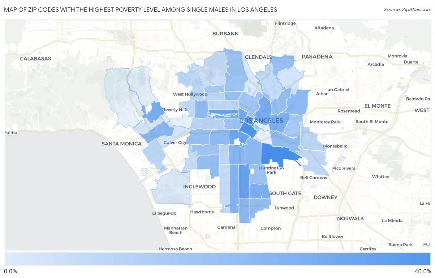 Zip Codes with the Highest Poverty Level Among Single Males in Los Angeles Map