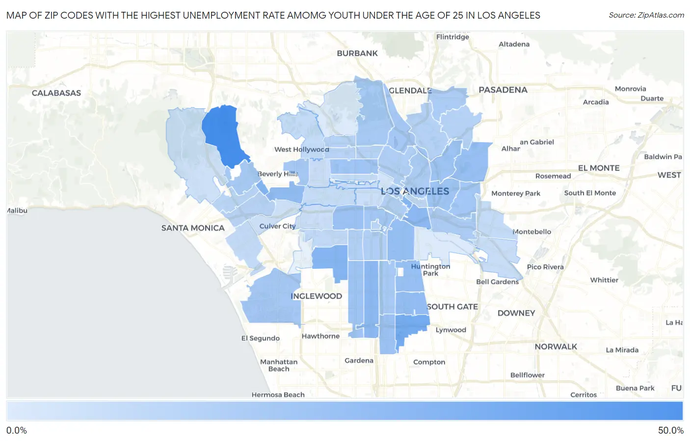 Zip Codes with the Highest Unemployment Rate Amomg Youth Under the Age of 25 in Los Angeles Map
