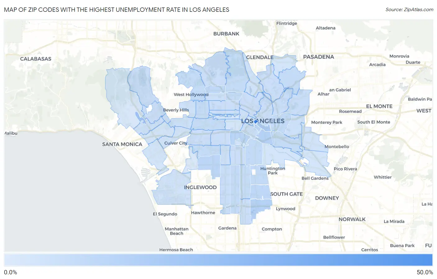Zip Codes with the Highest Unemployment Rate in Los Angeles Map