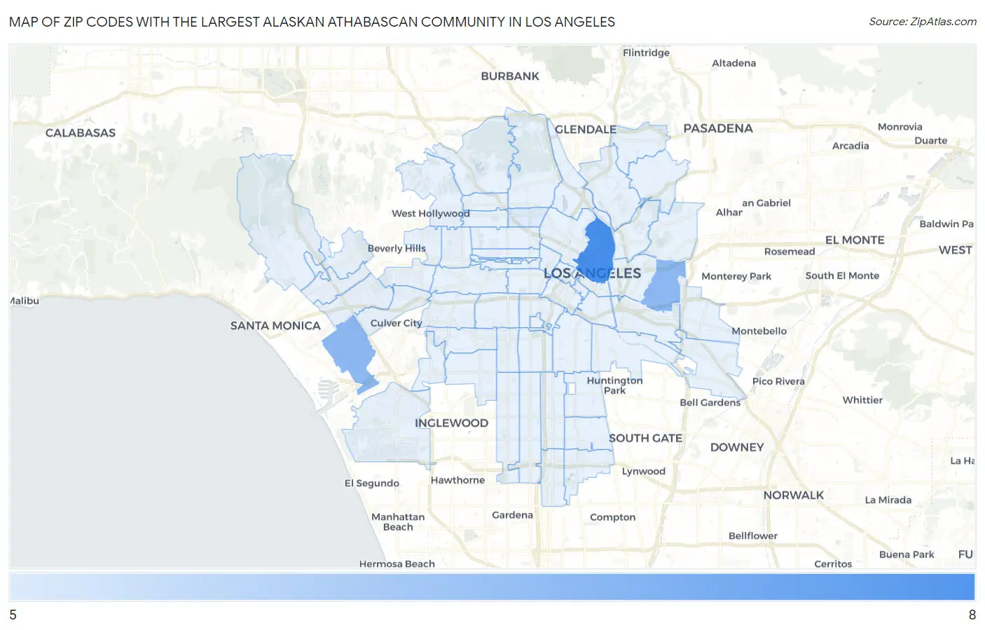 Zip Codes with the Largest Alaskan Athabascan Community in Los Angeles Map