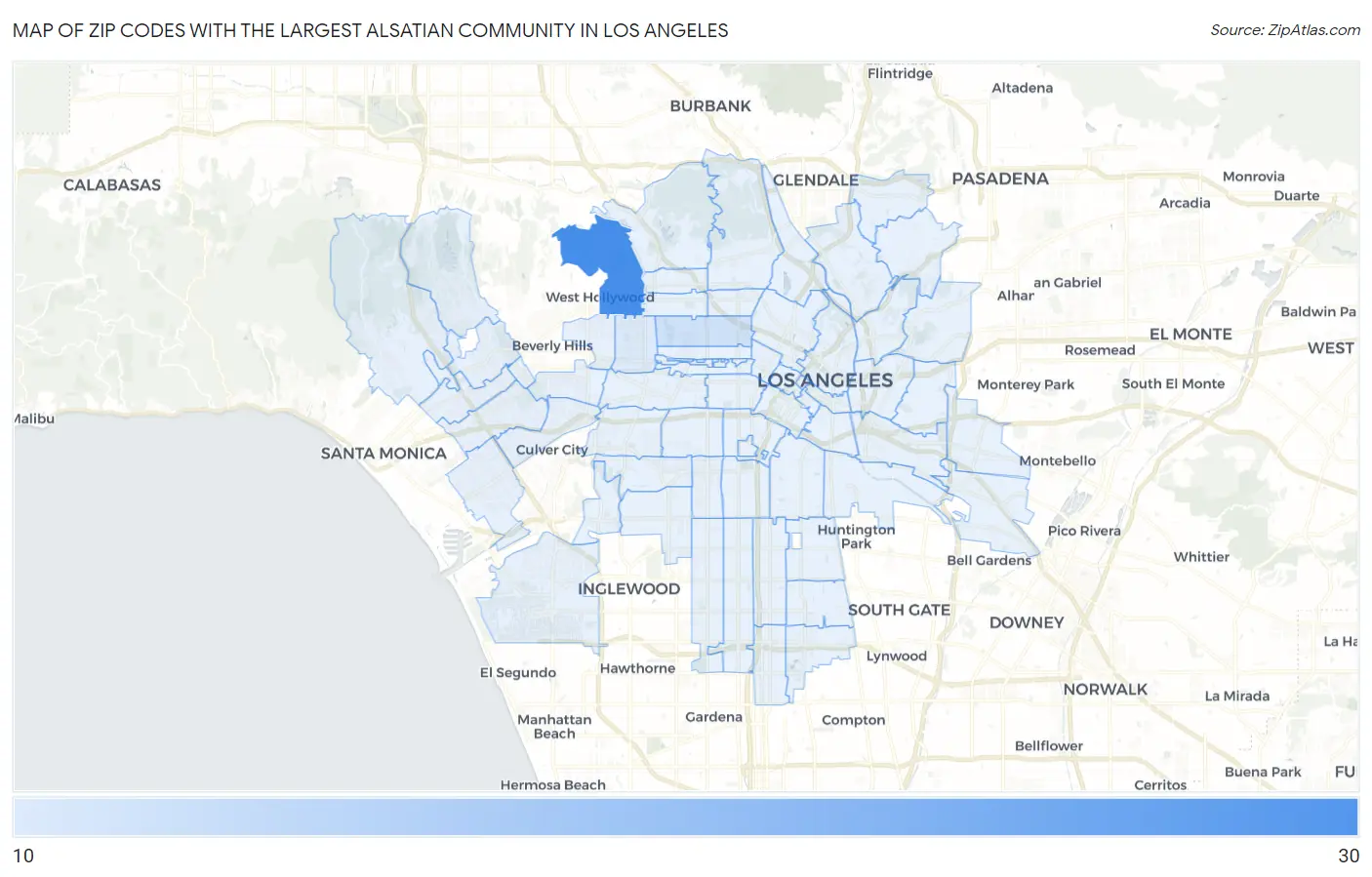 Zip Codes with the Largest Alsatian Community in Los Angeles Map