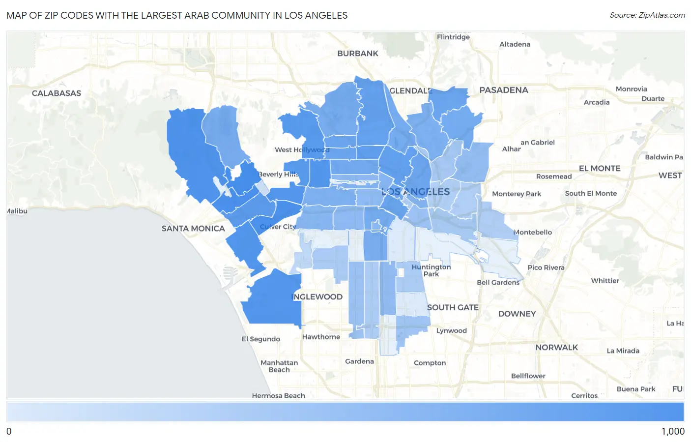 Zip Codes with the Largest Arab Community in Los Angeles Map