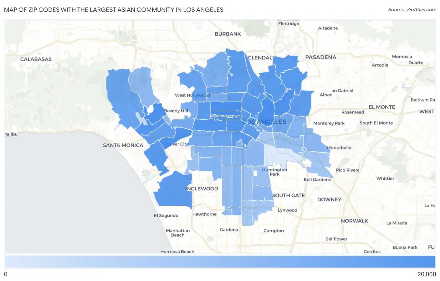 Zip Codes with the Largest Asian Community in Los Angeles Map